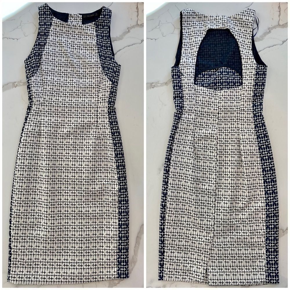 Zara Basic Jacquard Dress in Navy and White Cutout Back Size XS